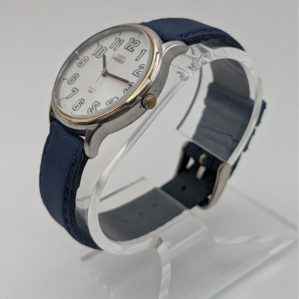 Timex‎ Indiglo White Dial Quartz Watch 35mm Blue Strap Arabic Numerals